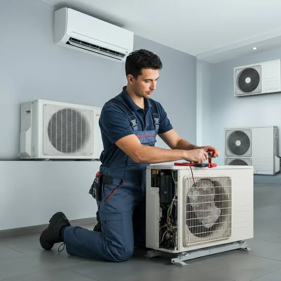 Technician servicing a white air-conditioning condenser with indoor units in the background