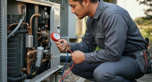 Technician checking a pressure gauge at an open HVAC service panel